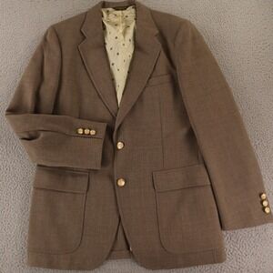 VTG Hopsack Jacket M Brown Polyester Wool Blazer Patch Pocket Crested Button 40R